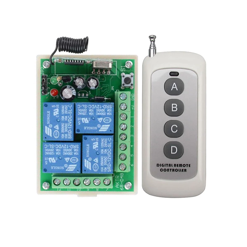 

DC12V 10A 4CH Radio Controller RF Wireless Relay Remote Control Switch System 315 MHZ 433.92 MHZ Transmitter Receiver