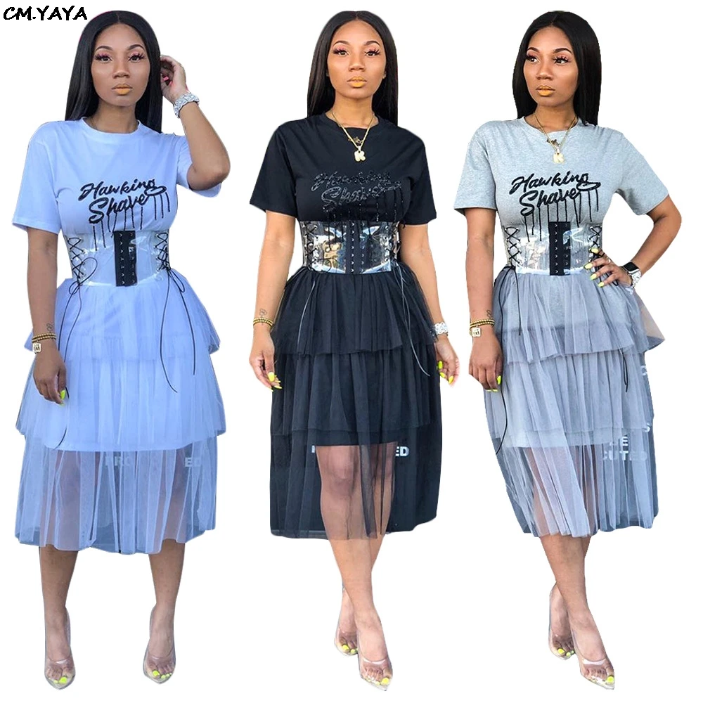 

2019 women summer short sleeve letter cascading ruffles mesh patchwork big swing dress knee length dresses vestidos GLSN3578
