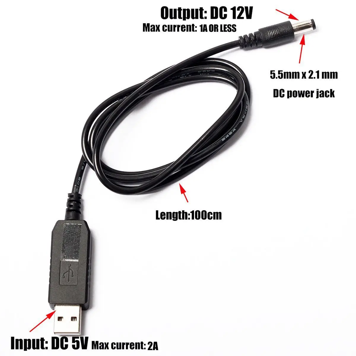 USB DC 5 в к DC 12 В 2,1 мм X 5,5 мм модуль преобразователя DC бочонок мужской разъем Jack кабель питания штекер, USB к DC кабель-1 м(5В к D