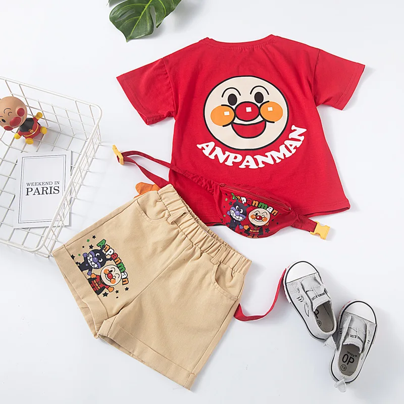 Детская летняя одежда, костюм с футболкой с изображением анпанмана для маленьких мальчиков, футболка с рисунком для маленьких девочек, комплект из 3 предметов: шорты+ сумка для мальчиков