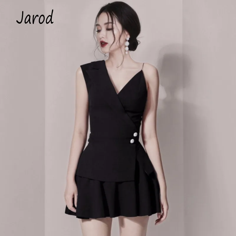 

Summer Women Black 2 Piece Set Chic Black Beading Sexy Halter V Neck Shirt Tops + High Waist Mini Ball Gown Skirt Suits