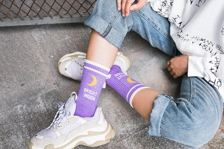 Men Women Harajuku Hip Hop Autumn Elastic Rib Trim Long Crew Socks New Moon Letters Stripes Printed Couples Cotton Tube Hosiery