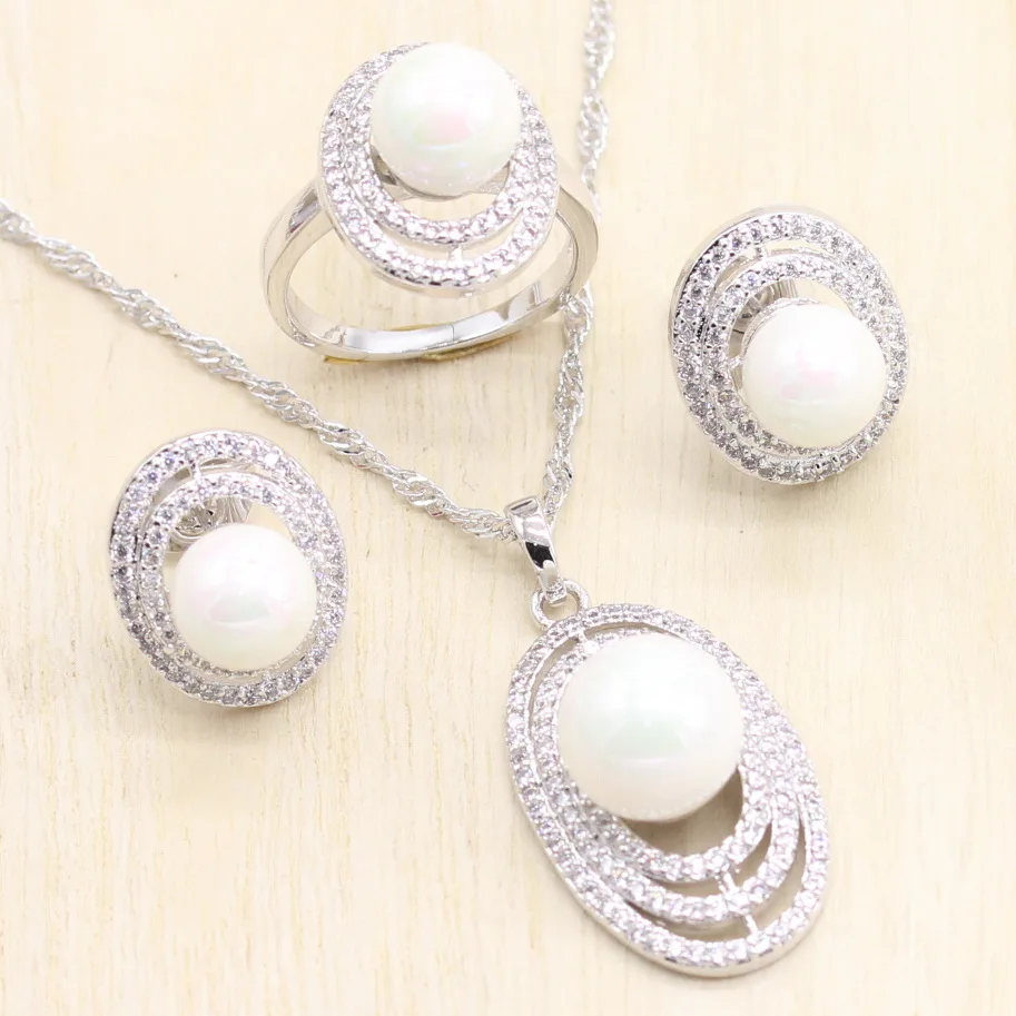

925 Silver Bridal Jewelry Sets Natural White Zircon With Pearls Beads For Women Wedding Earrings Pendant Necklace Ring