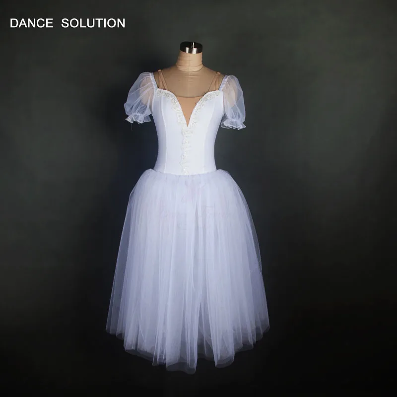 

Romantic Ballet Dance Costume 5 Layers Long Tulles Camisole Leotard Dress White Sequin Tutus With Puff Short Sleeves 18034