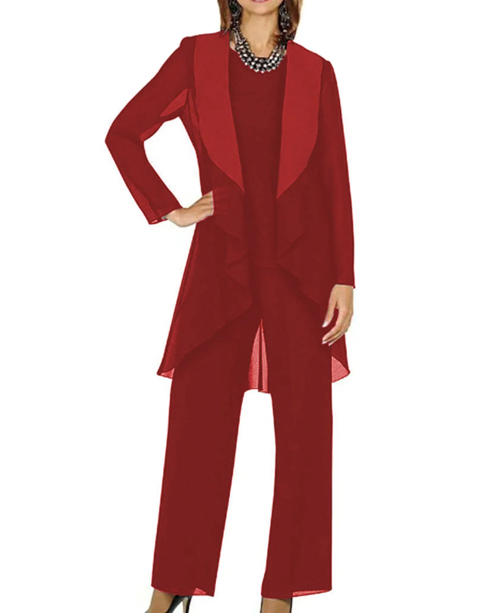 Женский костюм из 3 предметов с драпировкой, шалью, отворотом, шифоновое платье для матери невесты, брюки, костюм с курткой, наряд с длинными рукавами для свадьбы - Цвет: red