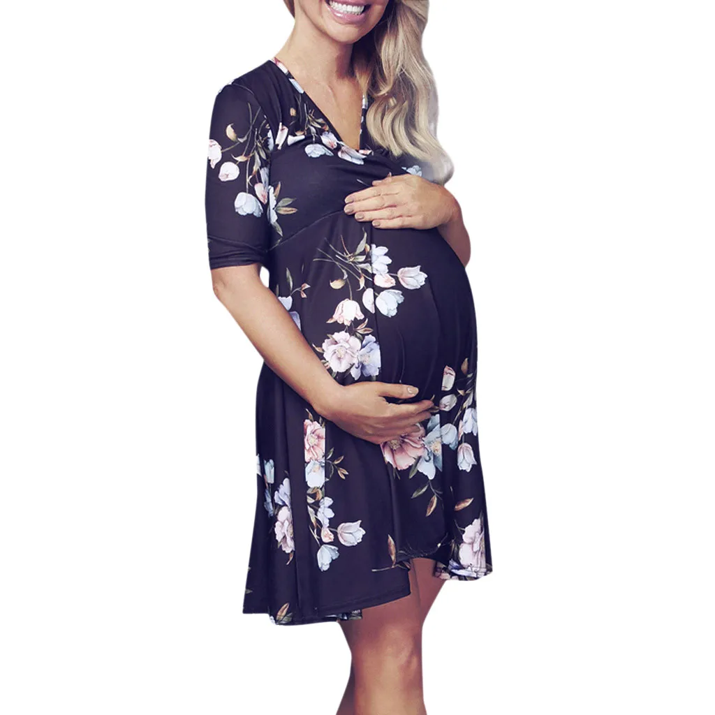 Women clothing maternity dress ropa de mujer Pregnant Leopart Floral Midi Tea Dress Maternity Photography Nursing Dress