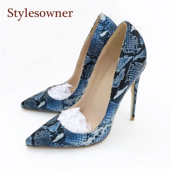 

Stylesowner Blue Snake Skin PU Leather Lady Single Shoe Pointed Toe 12cm 10cm 8cm Stiletto Sexy Nightclub Party Shoe For Wedding