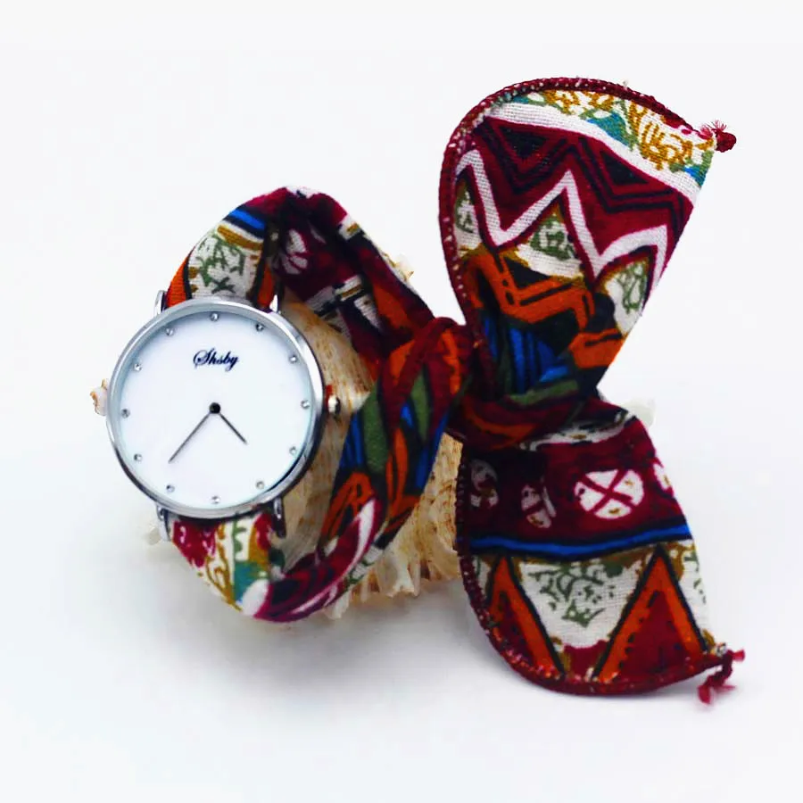 Shsby бренд стиль дамы цветок ткань наручные часы Женское платье часы Мода Девушка повседневные кварцевые часы браслет тканевые часы - Цвет: Silver red stripe