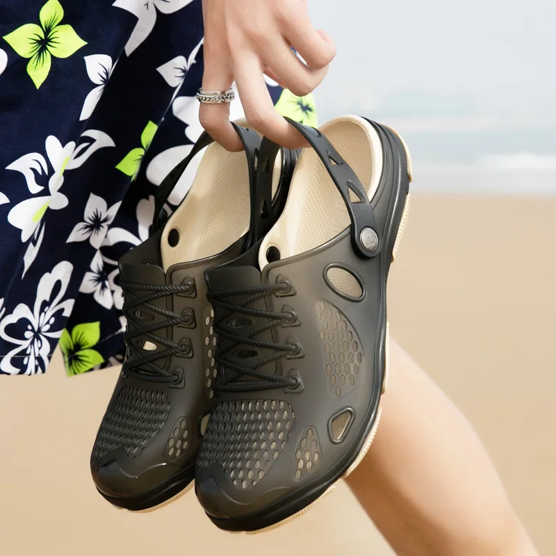 Г. Новая прозрачная обувь мужские пляжные сандалии тапочки с отверстиями мужские вьетнамки легкие сандалии уличная Летняя обувь сандалии - Цвет: Черный