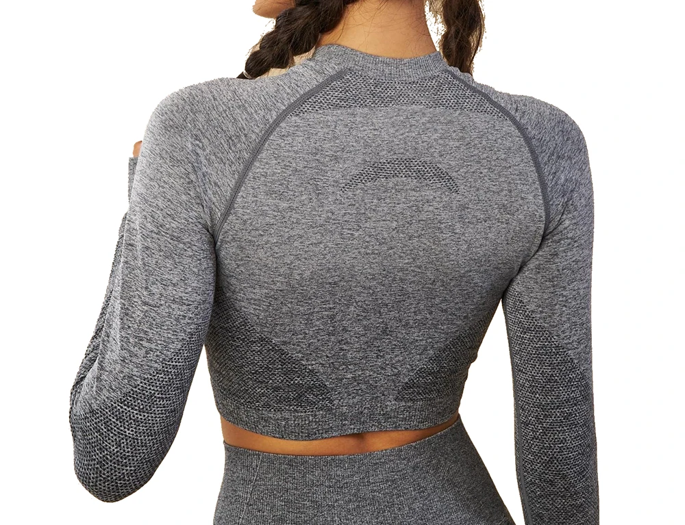 Женский топ для йоги, Спортивная рубашка с эффектом омбре, укороченный топ с длинным рукавом, Высокоэластичный комплект для фитнеса, тренажерного зала с отверстиями для большого пальца, бесшовная одежда для тренировок