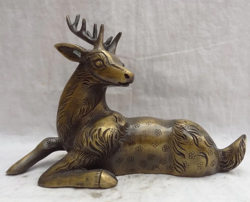 

002961 10" Folk Chinese Bronze Carved Sculpture Lying Spotted Deer Sika Statue Animals