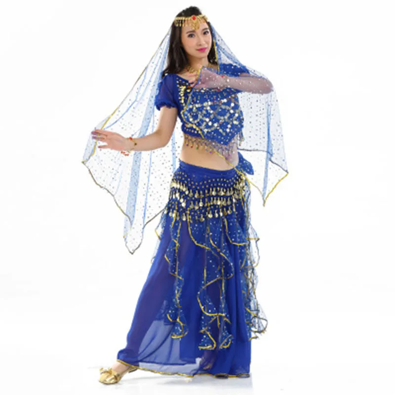 6 цветов, костюмы для танца живота, Восточная юбка для выступлений, соревнования, индийское платье Болливуда, костюм для танца живота, набор, племенной костюм - Цвет: tops skirt belt