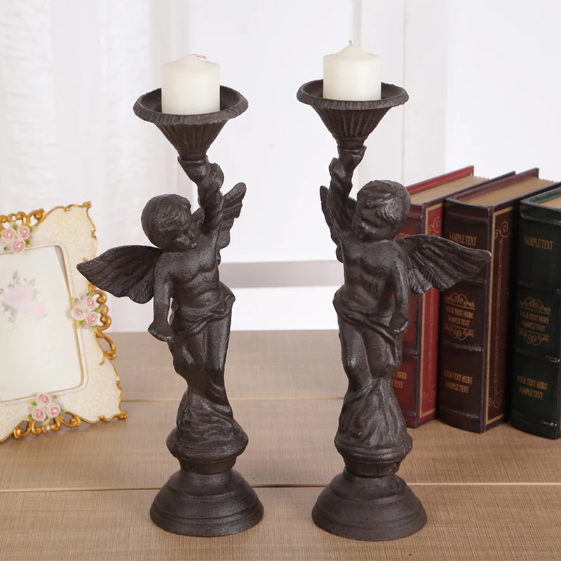 European Accents Antique Rust Shabby Chic Vintage Style Angel Design Tabletop Cast Iron Pillar Candle Holder Pair European Accents Antique Rust Shabby Chic Vintage Style Angel Design Tabletop Cast Iron Pillar Candle Holder Pair