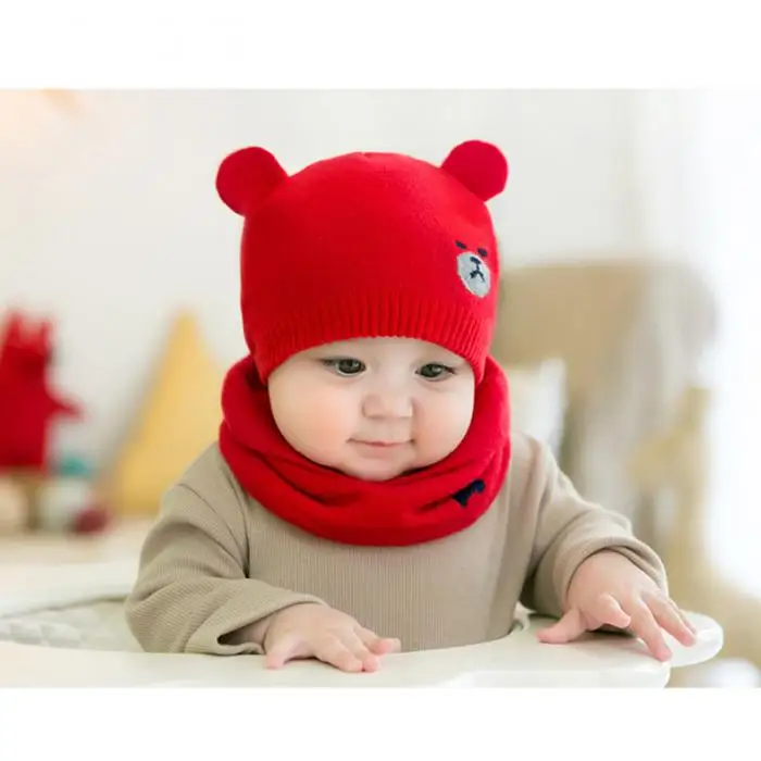 Детская зимняя шапка s наборы с шарфом теплая вязаная круглая шапочка милый мультфильм медведь шапочка KNG88