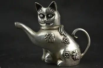 

Chinese Collectible Handwork Old Tibet silver carving cat Lucky tea pot