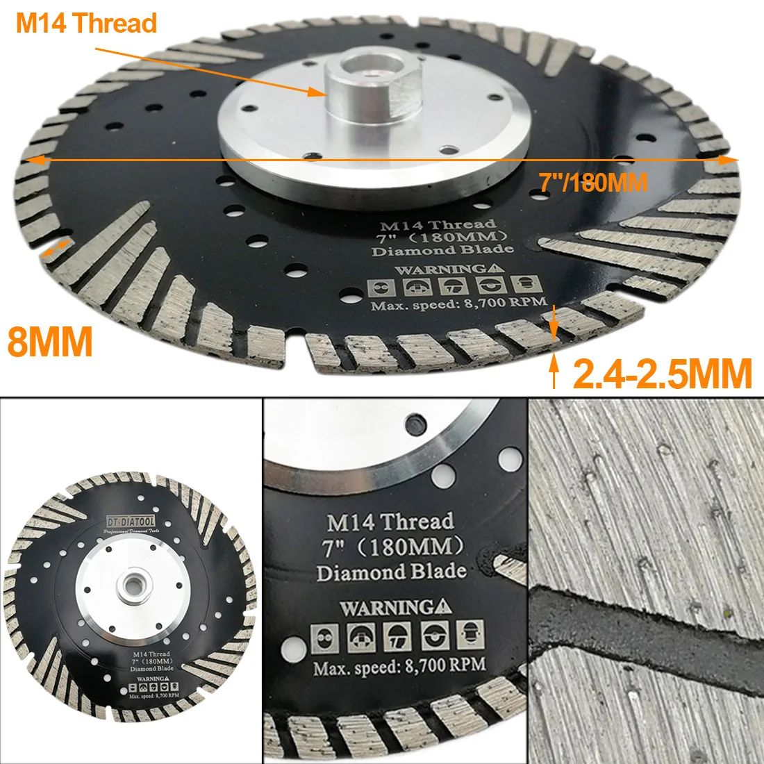 DT-DIATOOL 1piece Dia 7"/180mm M14 thread Diamond Turbo saw Blades with Slant Protection Teeth for Granite Marble Cutting Disc