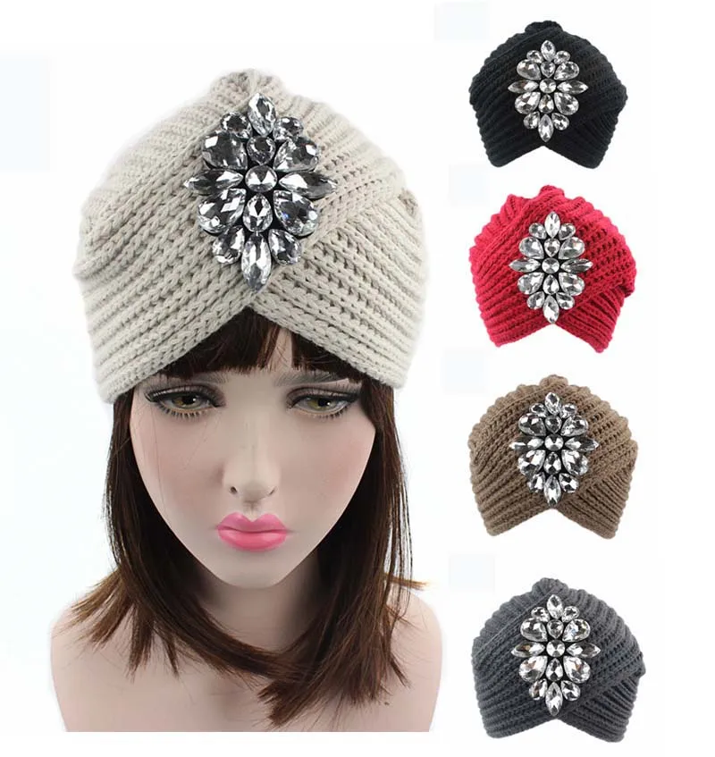 NEW Winter Fashion Bling Beanie Hat Rhinestone Knit turban Skully Cap