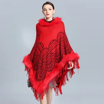 

2019 Women Shawl Early Spring European American New Imitation Fox Fur Collar Tassel Cashmere Head Cloak Shawl Coat Solid Color