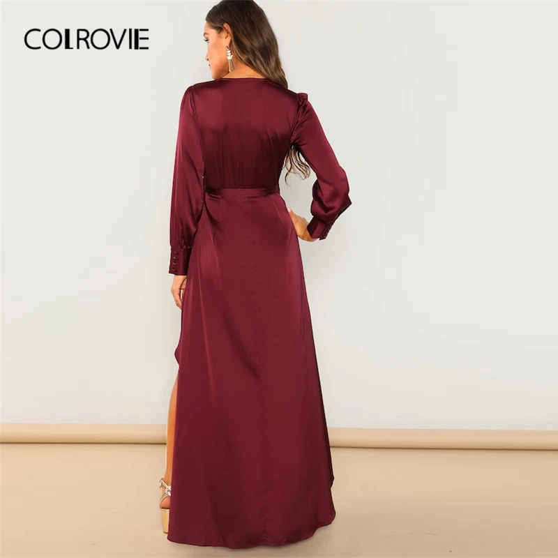 Женское асимметричное платье макси COLROVIE Бордовое с v образным вырезом и поясом