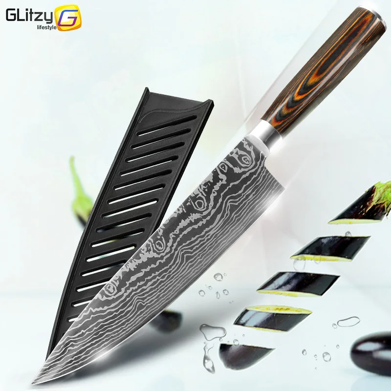 

8 inch Kitchen knife Japanese Chef 7CR17 440C German Stainless Steel laser Damascus Drawing Meat Cleaver Slicer Santoku Set Tool