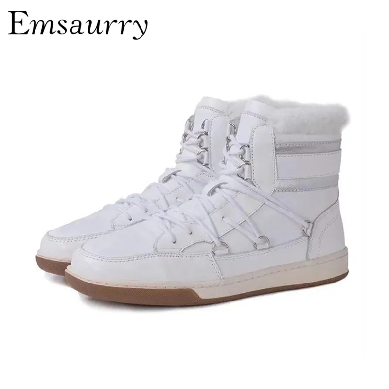 

Genuine Leather Martin Boots Flat Heel Wool Fur Snow Boots Cross-tied Ankle Boots Autumn Winter Short Boots Women