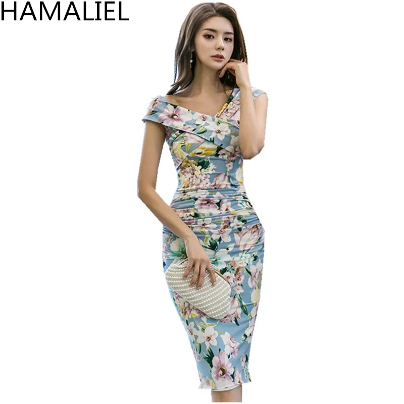 

HAMALIEL Sexy V neck Pencil Women Sheath Dress 2018 Summer Korean Printed Flower Short Sleeve Slim Bodycon Pencil Party Dresses
