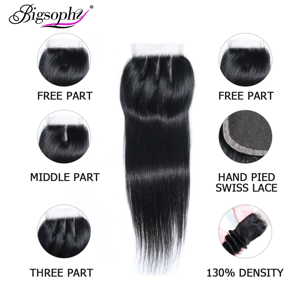 Brazilian Hair Weave Bundles With Closure Human Hair Bundle Straight 3 Bundle With 4x4 Lace Closure Remy Hair 8-30 inch BIGSOPHY