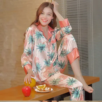 

Three Quarter Sleeve Pajama Mujer Set Silk Women Lingerie Long Pants Print Sleepwear Night Suit