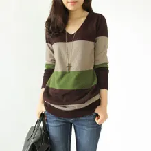 2019 elegant office lady spring and autumn striped woman sweater long sleeve pullover v-neck color block knit female sweater color block mixed knit pullover sweater