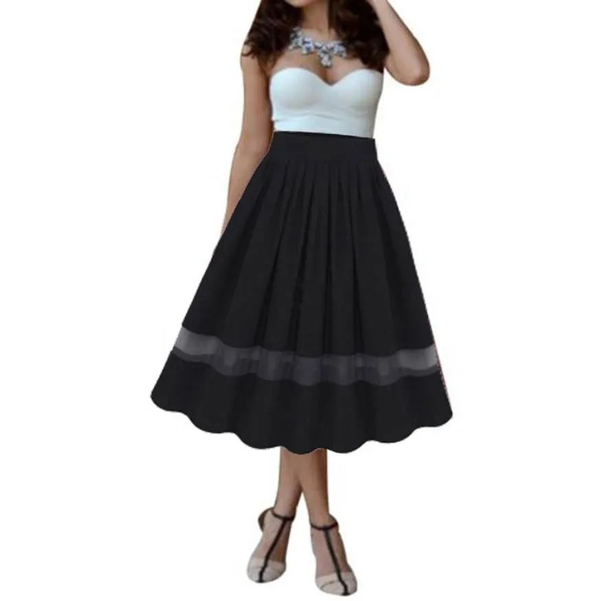 

CHAMSGEND Women Girl Stretch High Waist Plain Flared Pleated Long Maxi Skirt High Quality Womens Mid Calf Skirts