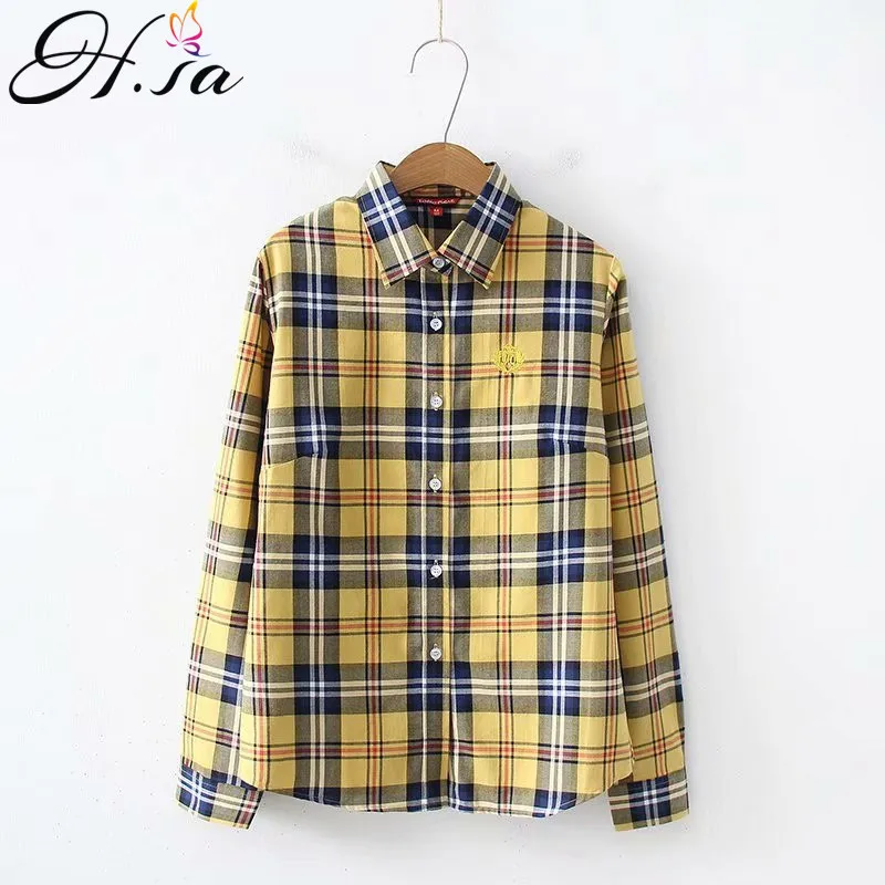 

H.SA Women Clothes Casual Plaid tops and blouses Long Sleeve Korean Workwear 8 Colors chemisier femme Plus Size Yellow Blouse