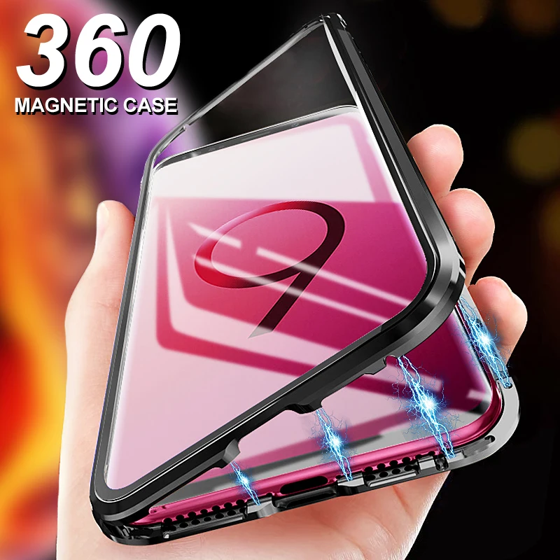 

Magnetic Metal Glass Back Case On The For Samsung Galaxy S9 S8 PLus Shockproof Cover For Samsung Note 9 8 Tempered Glass Case