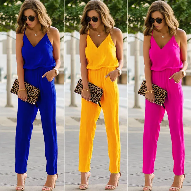 

High Street Summer Vacation Fashion Casual Women Sexy Strap V Neck Solid Empire Slim Sleeveless Bodycon Jumpsuit Romper Trousers