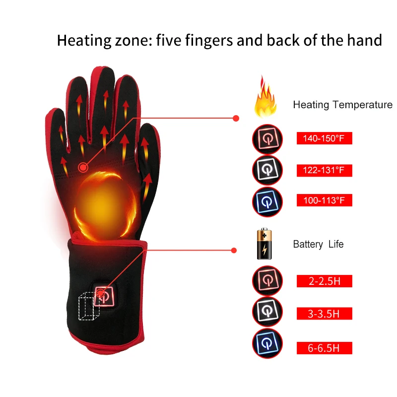 Спаситель красная перчатка с подогревом лайнер работает для зимней грелки 3 уровня управления 3-6 часов нагрева спорта на открытом воздухе 7,4 V 2200MAh батарея