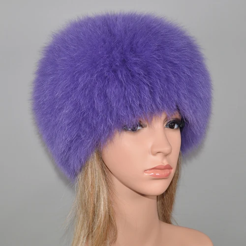 Новая роскошная шапка из натурального Лисьего меха, женская зимняя вязаная шапка-бомбер из натурального Лисьего меха, теплые мягкие шапки-бини из лисьего меха для девушек - Цвет: purple