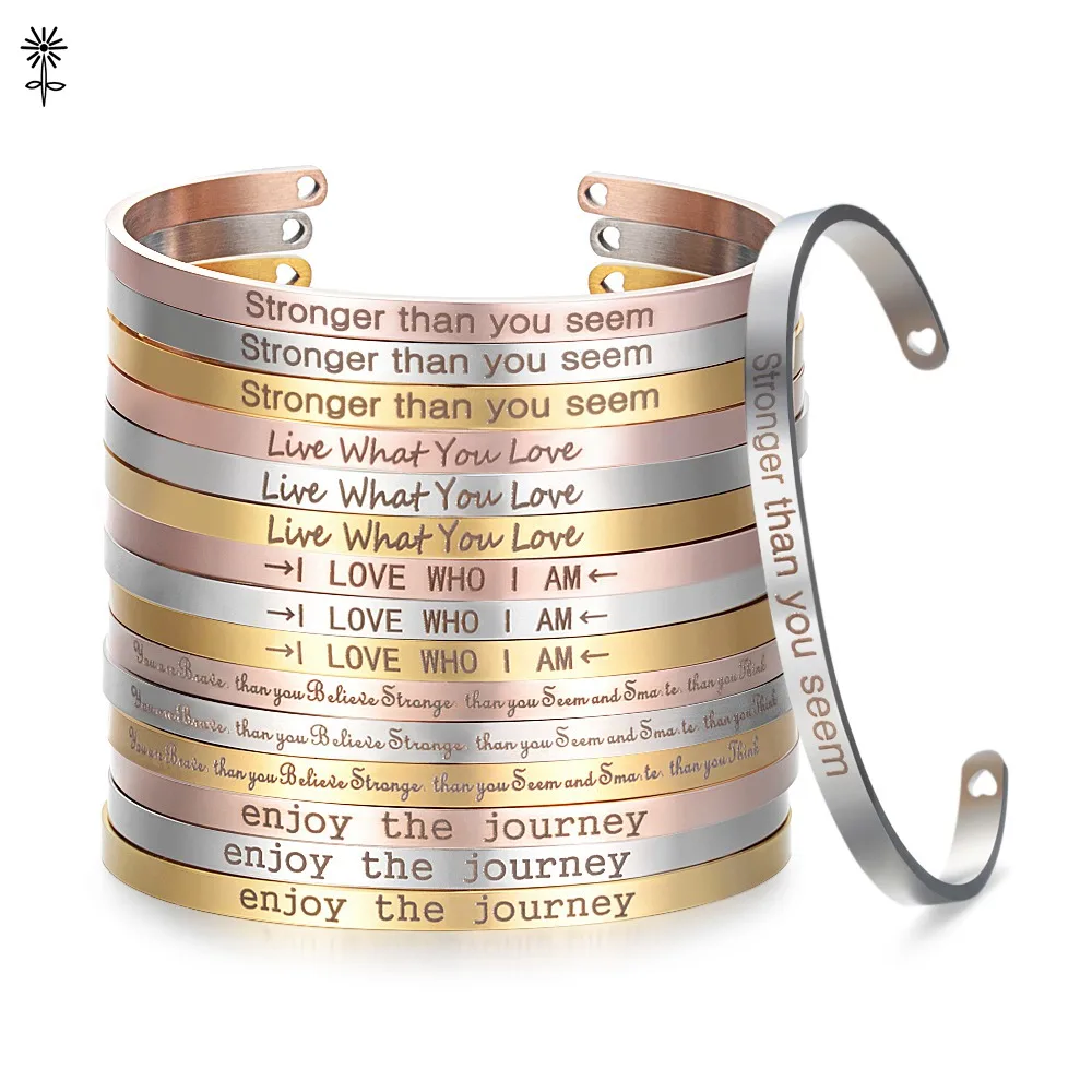 Нержавеющая сталь кольцеобразный браслет с гравировкой положительный вдохновляющий Цитата ручной работы буквы манжета браслет с мантрой для женщин лучшие подарки SL-010