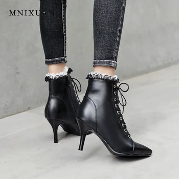 

MNIXUAN elegant women shoes lace ankle boots 2020 fashion sexy pointed toe lace up short martin boots white boots big size 34-43