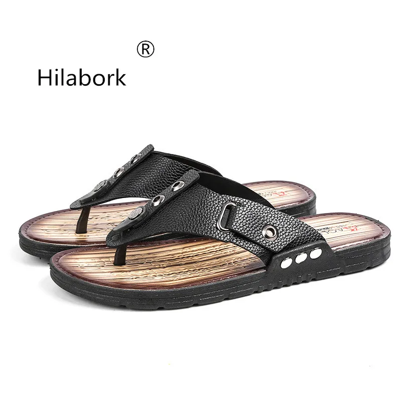 

Hilabork 2019 new summer leather men's slippers youth students fashion fashion flip-flops non-slip wear-resistant beach shoes