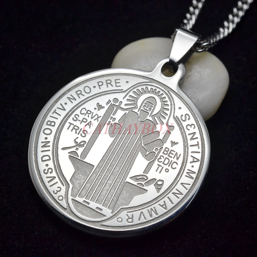 

Catholic Gifts Jewelry Men's Silver Tone Stainless Steel Patron Saint St. Benedict Holy Medals Pendant Necklace