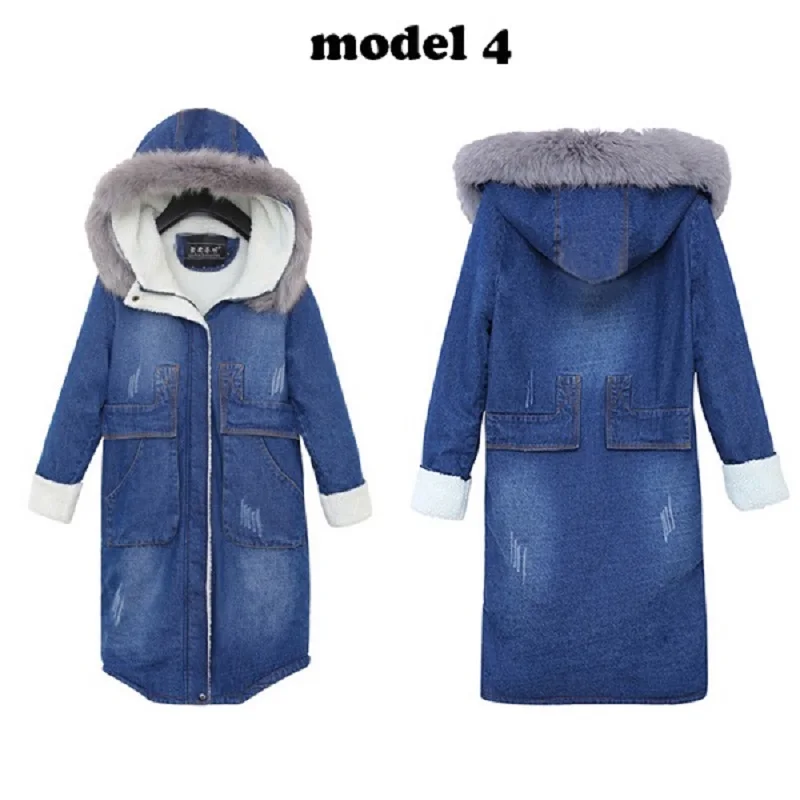 2018 Warm Winter Long Bomber Women Spring Autumn Hooded Coat Jeans Denim Jackets Basic Ladies Windbreaker Female Large Plus Size