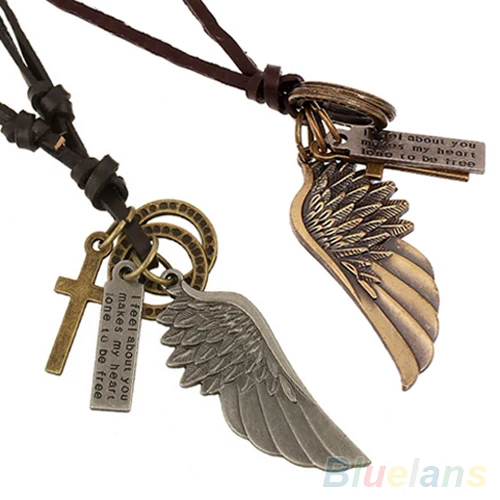 

Antique Vintage Angel Wing Mens Leather Necklace Charms Pendants 1Q9W