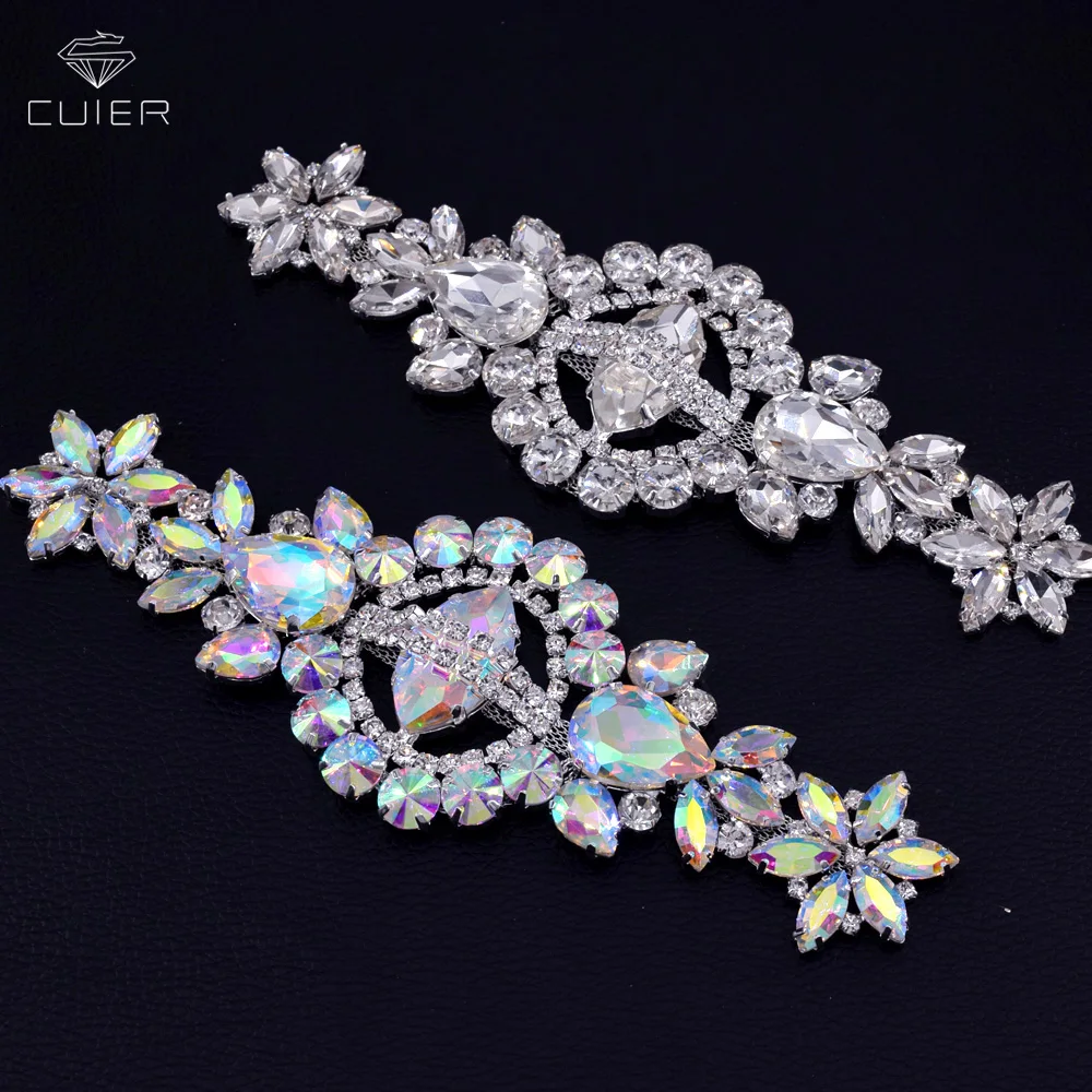 

30pcs/lot very luxury shiny glass crystal AB color rhinestone silver base patches appliques for wedding women dress good quality