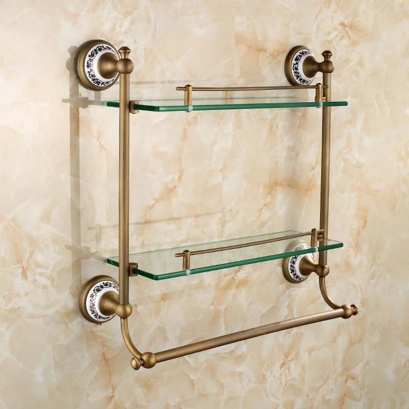 US $99.50 Bathroom Glass Shelf 2 Tier Coming with Towel Bar Shower Caddy Bath Basket Wall Mount Antique Brass Bronze finish