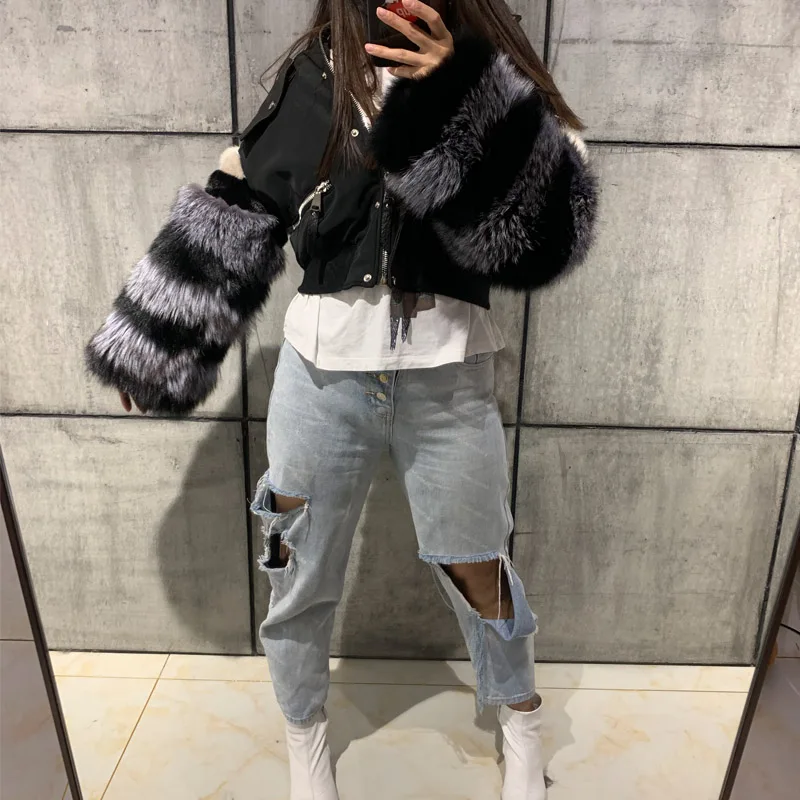 

real leather jacket genuine leather jacket fur sleeve