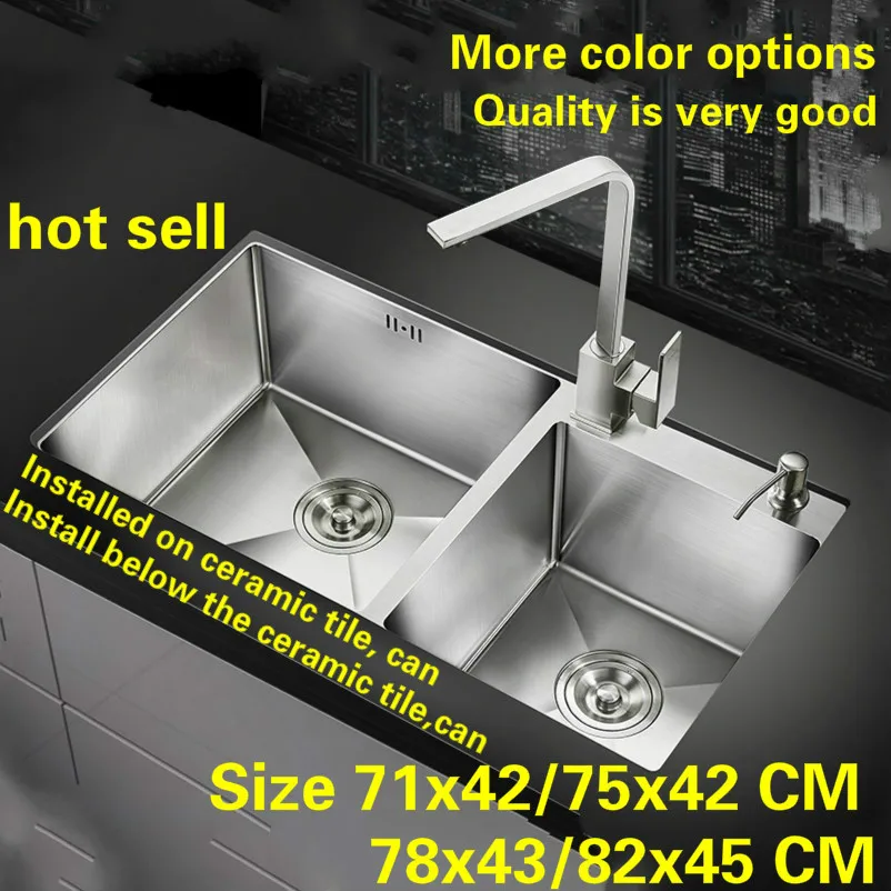 

Free shipping Luxurious kitchen manual sink double groove durable 304 stainless steel 3 mm hot sell 71x42/75x42/78x43/82x45 CM