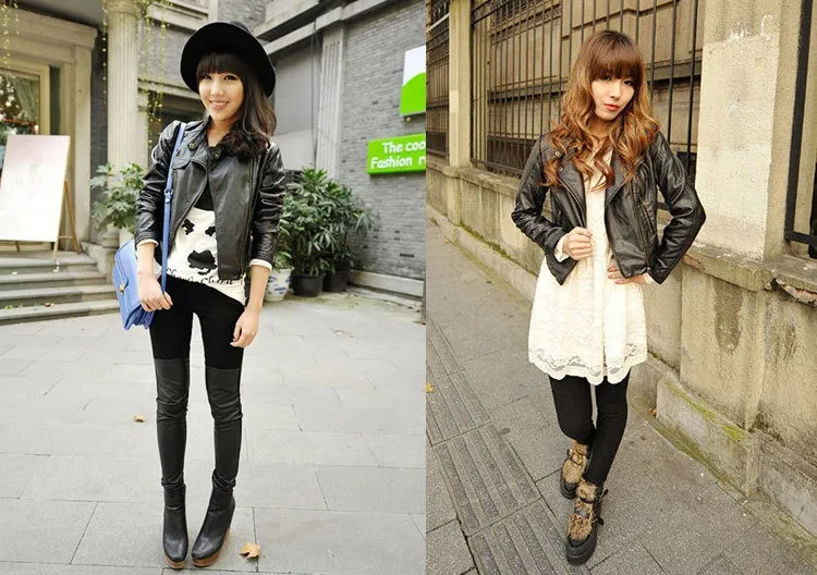 

Slim pu motorcycle leather jacket faux leather jackets women