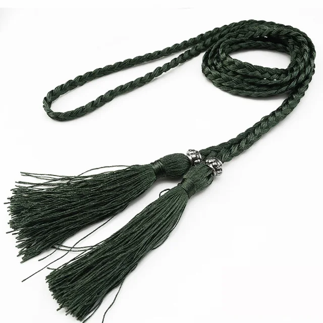Women Waist Belt Rope Chinese Style Braided Woven Tassel Thin Belt Female Knot Decorated Waistband Hot Casual Solid Black Belts dark green