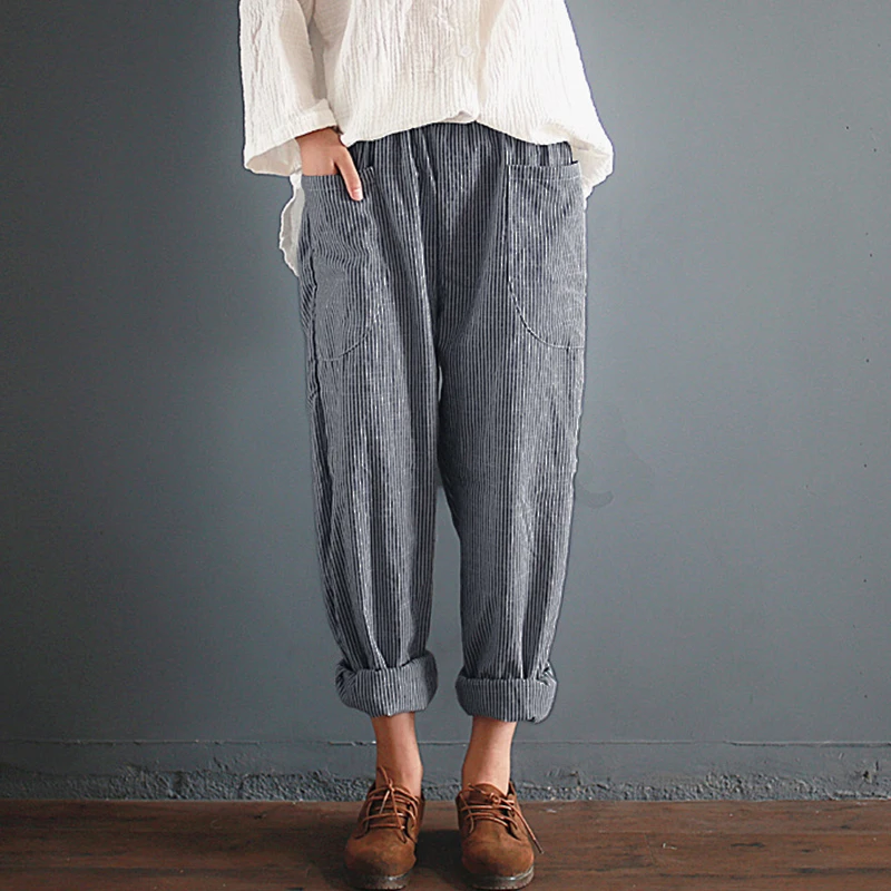 Women Stripe Elastic High Waist Baggy Pants Linen Pocket Ankle Harem Plus Size