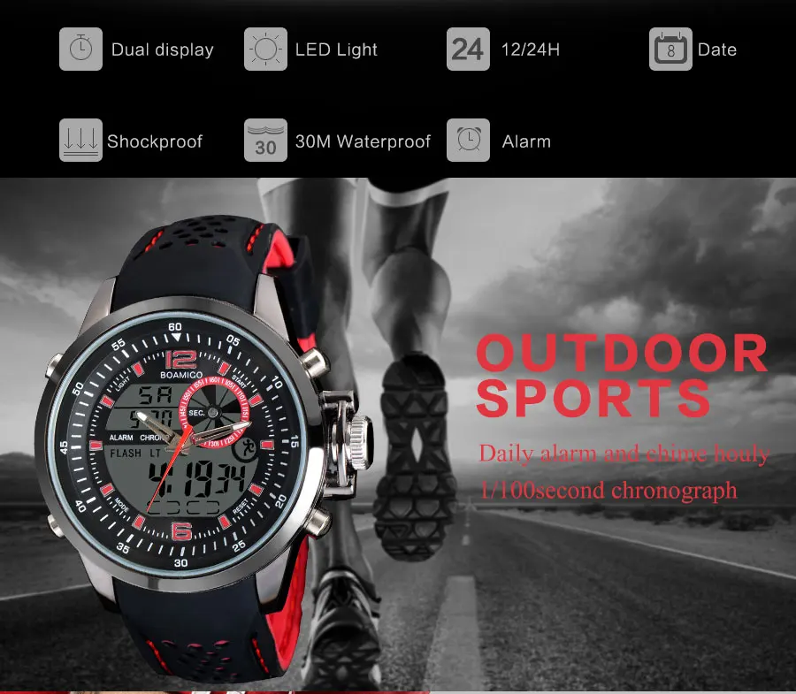 Мужские спортивные часы, Двойные цифровые часы, резиновые аналоговые кварцевые часы BOAMIGO, брендовые красные наручные часы с хронографом, reloj hombre