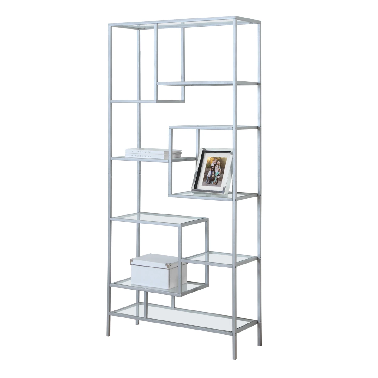 BOOKCASE - 72H, SILVER METAL WITH TEMPERED GLASS